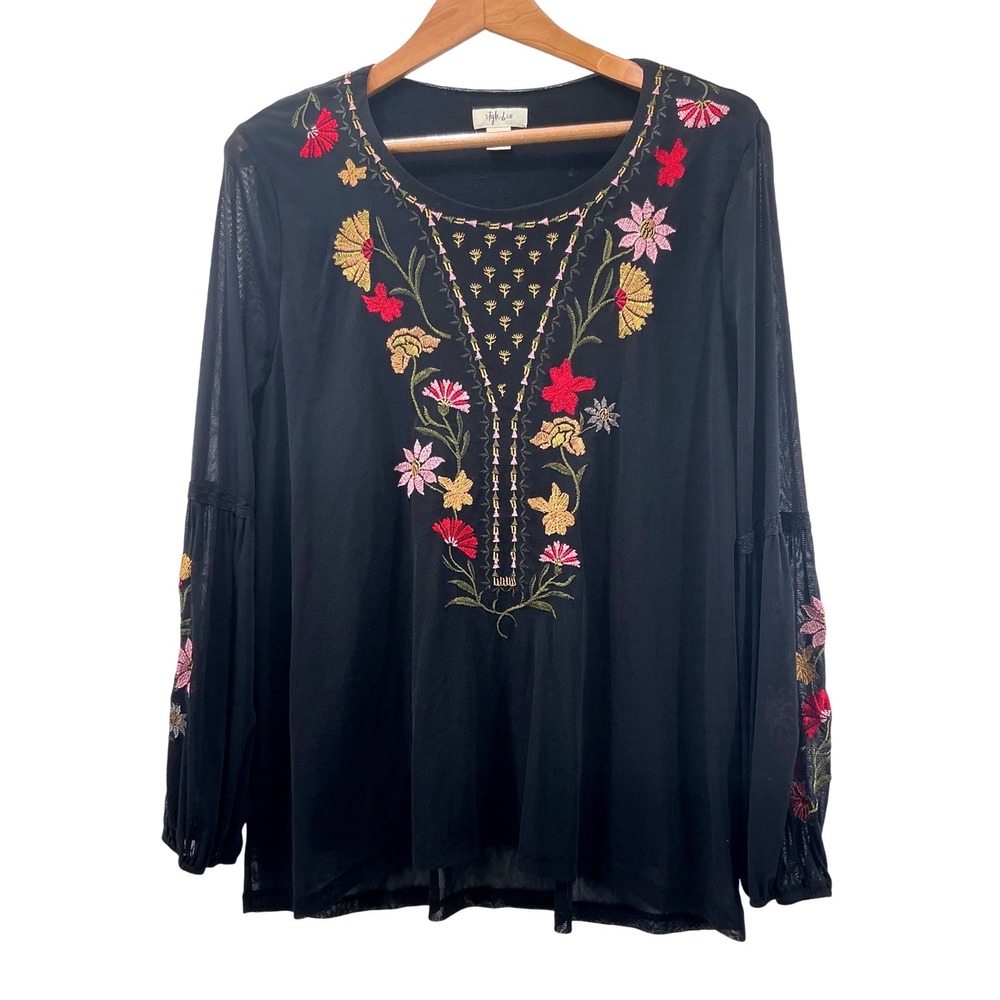 Style & Co Womens XL Black Floral Embroidered Mesh Boho Bell Sleeve Top Blouse - Picture 8 of 10